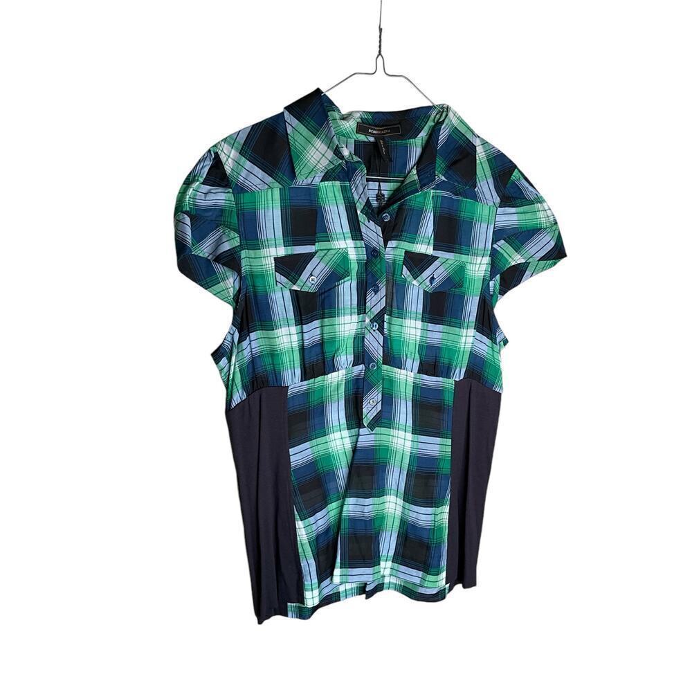 BCBG MAXAZRIA Shirt Button Up Cap‎ Sleeves Pockets Plaid Green Womens Large